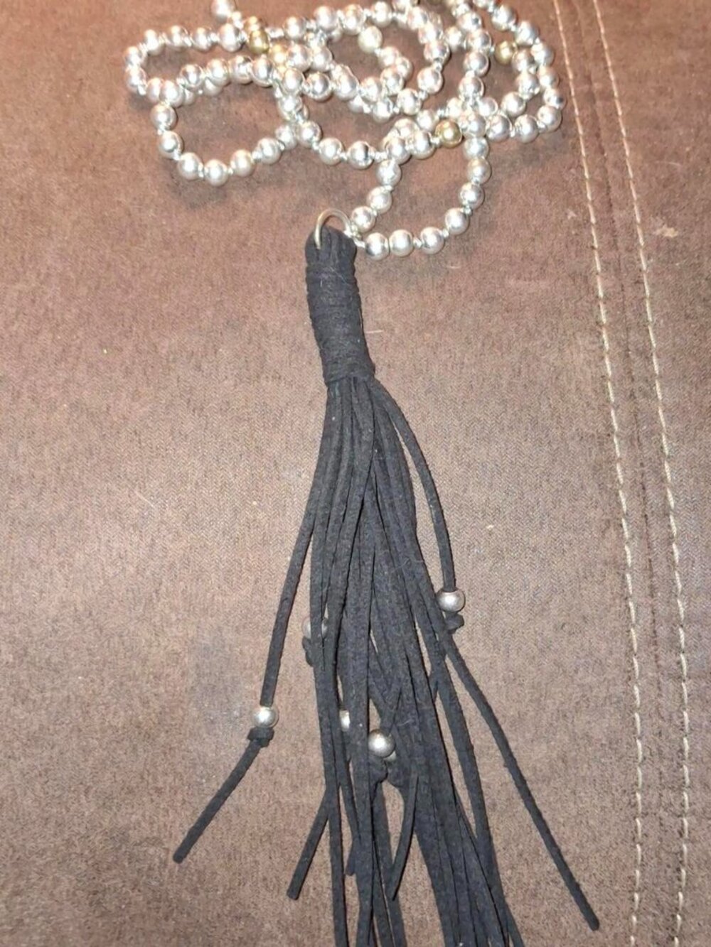 Silver faux pearl bead necklace with black tassel #tassel #glam